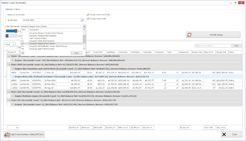 Example of exportable dataset with predefined grouping and filtering.