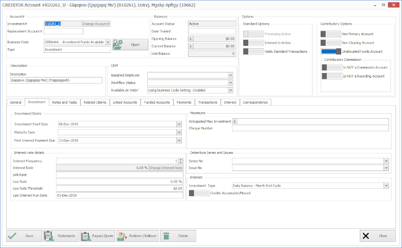 Example creditor account record.