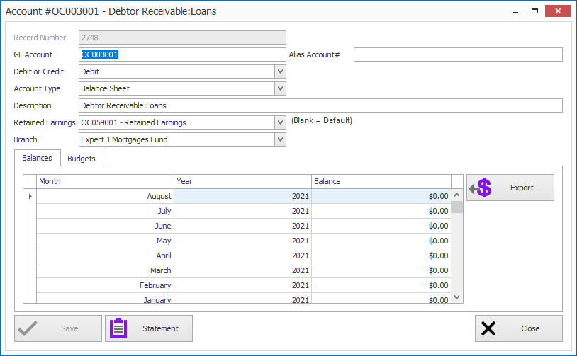 Example General Ledger account record.