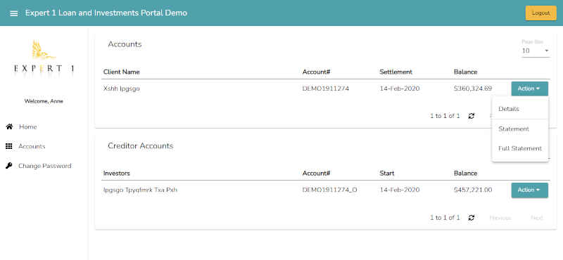 Debtor Account portal showing a listing of accounts.